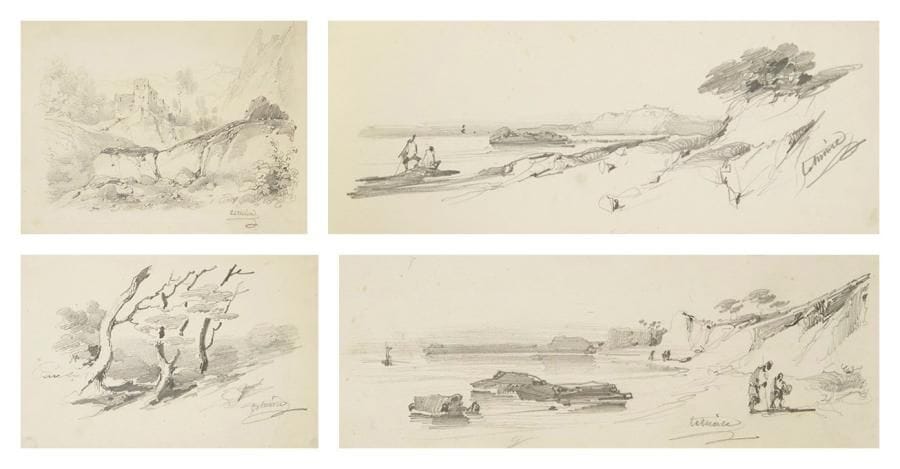 Pierre LETUAIRE (1798-1884)
11 Études de paysages, vers 1850. Dessins à la mine de plomb sur vélin. Tous signés sauf un.. (Rousseurs éparses à certains. Traces de colle dans les angles au verso). Formats divers.