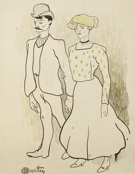 Charles MARTIN (1848-1934)
Fille et souteneur, vers 1900. Dessin de presse. Encre de chine, lavis et rehauts d?aquarelle sur vergé.. Signé en bas à gauche. (Rousseurs claires). 32 x 25 cm