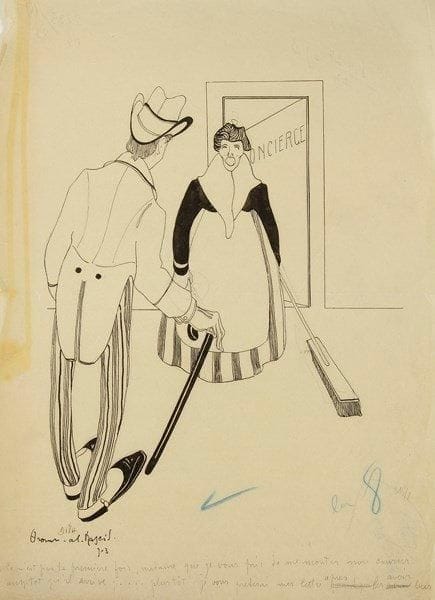 Aroun-al-RASCID (Umberto Brunelleschi, dit) (1879-1949)
Scènes mondaines, vers 1900. 4 dessins de presse. Plume, encre de chine, lavis et crayon bleu sur calque.. Signés en pied. Un avec deux lignes de légende à la mine de plomb.. (Traces de plis et menus accidents aux bords du feuillet). Formats divers.
