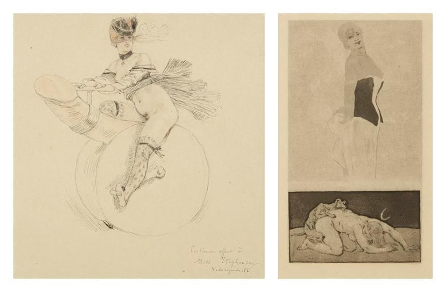 Félicien Rops (1833-1898)
Costume offert à Miss Stephenson vélocipédiste. Dessin à la plume et à l?encre de chine avec rehauts de crayon rouge, titré en pied, en marge de la gravure à l?eau-forte, à l?aquatinte et au vernis mou. Diane et la femme au corset noir (Exsteens 793), tirée sur vélin à grandes marges. (Traces de plis marginaux). 55 x 34,5 cm