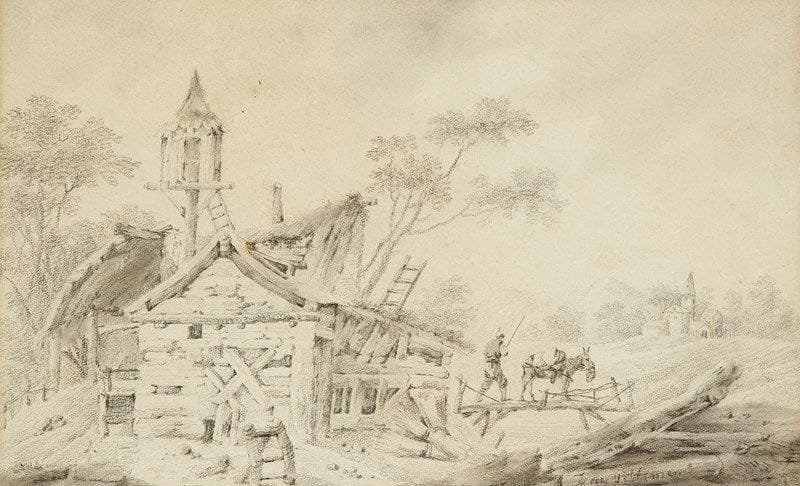 Jean PILLEMENT (1728-1808)
Un paysan et son âne sur un pont de bois près d?une vieille ferme. Pierre noire. Signé en bas à droite Jean Pillement. 15,5 x 25 cm