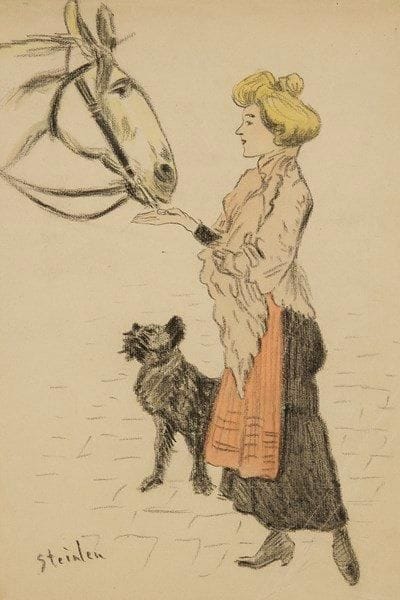 Théophile-Alexandre STEINLEN (1859-1923)
Jeune femme caressant un cheval, un chien à ses côtés, vers 1900. Dessin au fusain avec larges rehauts d?aquarelle, sur vergé. Signé en bas à gauche. (Double pli oblique dans la partie inférieure droite du feuillet). 30,1 x 20,1 cm. Dessin paru dans le Gil Blas illustré. Réf. Crauzat 660, et reproduit p. 186.