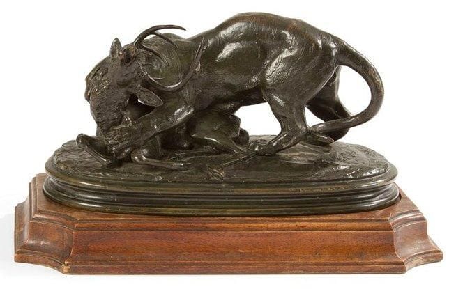 Antoine-Louis BARYE (1795-1875)
Tigre surprenant un cerf. Bronze, épreuve ancienne, patine verte. Signé BARYE à l?arrière, sur le terrain. 16 x 31,5 cm. Bibliographie:. M. Poletti, A. Richarme, Barye, Paris 2000, modèle répertorié sous le numéro A73, page 203.
