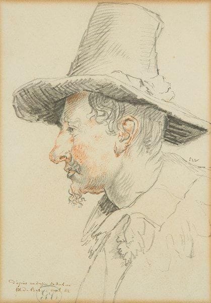 École Française du XIXe siècle
Homme au chapeau d?après Rubens, 1862. Dessin à la mine de plomb et sanguine. Annoté et daté «D?après un dessin de Rubens M. de Bes. avril 62». Porte un cachet du monogramme CG non identifié (Lugt 3480 marque non identifiée). 18 x 13 cm