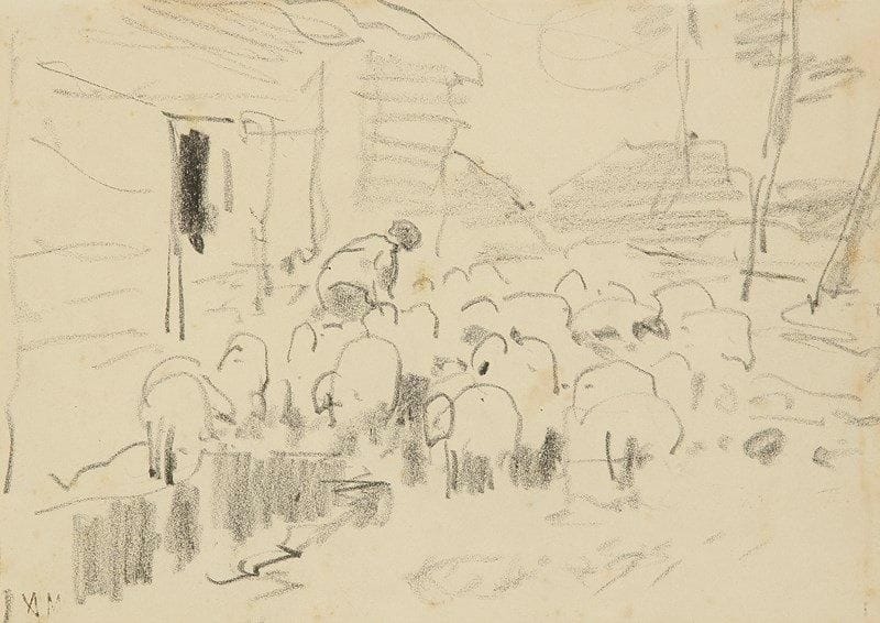 Anton MAUVE (1838-1888)
Bergère et son troupeau. Dessin au crayon noir. Porte le cachet du monogramme en bas à gauche. (Petites piqûres et taches). 19 x 26 cm