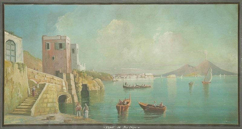 ÉCOLE NAPOLITAINE du XIXe siècle.
Napoli di Posillipo. Gouache. Non signée. Titrée en bas au milieu. 32 x 62 cm