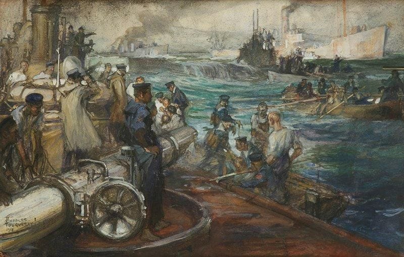 Charles FOUQUERAY (1869-1956)
Prise d?un sous-marin allemand, 1917. Dessin à l?aquarelle et gouache. Signé et daté en bas à gauche. 32 x 50,5 cm