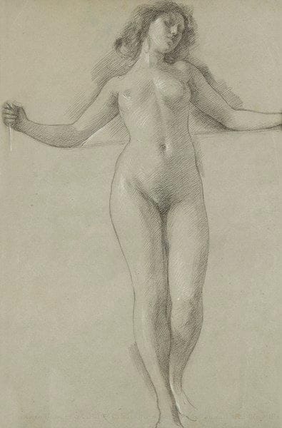 Luc-Olivier MERSON (1846-1920)
Femme nue au bras écartés. Dessin au crayon noir et rehauts de craie blanche. Non signé. (Traces de plis). 48 x 32 cm