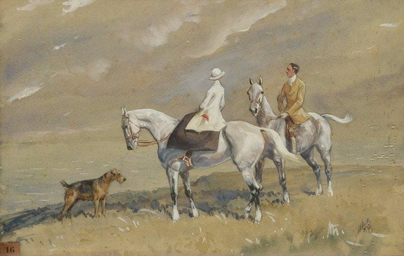 Karl REILLE (1886-1974)
Promenade à cheval, 1927. Dessin à l?aquarelle et à la gouache. Signé et daté en bas à droite. 30 x 46 cm. Au dos, étiquette «Comte de Lastours, 85 rue du Faubourg St Honoré, n° 16». Sur la vitre, ancienne étiquette d?exposition «n° 16».