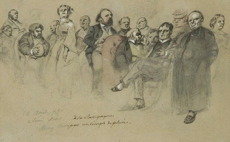 Henry MONNIER (Paris 1799-1877)
À la campagne. Plume et encre noire, aquarelle et rehauts de blanc sur papier beige. Signée, datée et dédicacée en bas à droite 10 aout 73/ A l ami Mene (?)/ Henry Monnier à la campagne par un temps de pluie. Porte en bas à gauche le n° 175 et au dos une ancienne étiquette de vente n° 182.. 17 x 22,5 cm