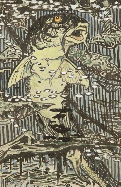 Hélène GUINEPIED (1883-1937)
La Carpe à l?oeil jaune. Encre, gouache et gouache aquarellée. Signée HELGUY en bas à gauche. 23 x 15 cm. Commentaire:. Cette oeuvre figurera au catalogue raisonné de l?artiste actuellement en préparation par Sophie B.-R. Mouchet, auteure de la biographie «Hélène Guinepied, artiste peintre 1883-1937» parue en 2011.