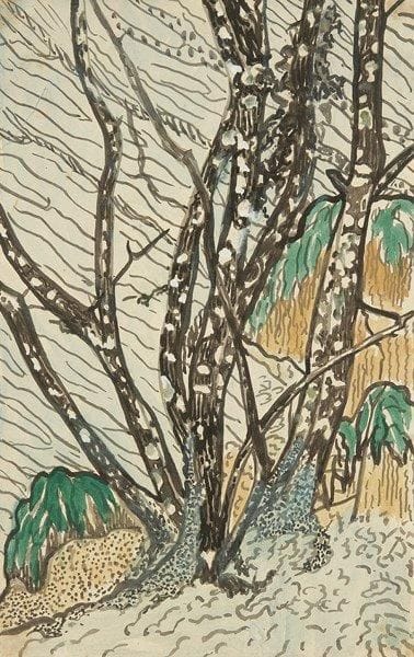 Hélène GUINEPIED (1883-1937)
Bouleaux. Encre, gouache et gouache aquarellée. 31,5 x 20 cm. Commentaire:. Cette oeuvre figurera au catalogue raisonné de l?artiste actuellement en préparation par Sophie B.-R. Mouchet, auteure de la biographie «Hélène Guinepied, artiste peintre 1883-1937» parue en 2011.