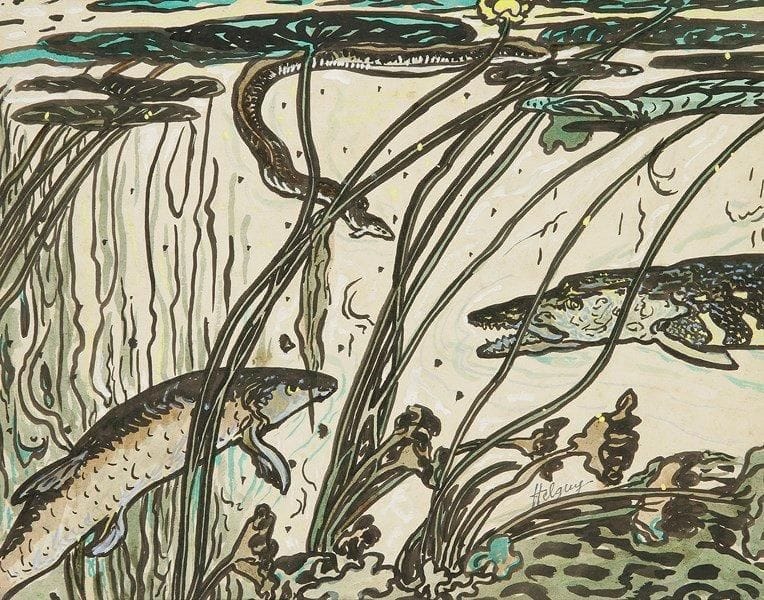 Hélène GUINEPIED (1883-1937)
Brochet, sandre et anguille. Encre, gouache et gouache aquarellée. Signée HELGUY en bas à droite. 24,5 x 32 cm. Commentaire:. Cette oeuvre figurera au catalogue raisonné de l?artiste actuellement en préparation par Sophie B.-R. Mouchet, auteure de la biographie «Hélène Guinepied, artiste peintre 1883-1937» parue en 2011.