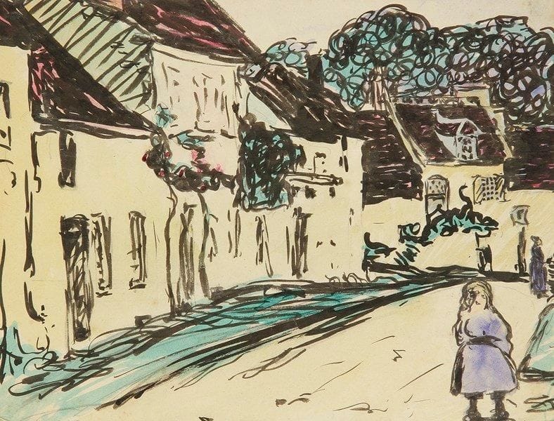 Hélène GUINEPIED (1883-1937)
Dans le village. Encre et gouache aquarellée. 20 x 26,5 cm. Commentaire:. Cette oeuvre figurera au catalogue raisonné de l?artiste actuellement en préparation par Sophie B.-R. Mouchet, auteure de la biographie «Hélène Guinepied, artiste peintre 1883-1937» parue en 2011.