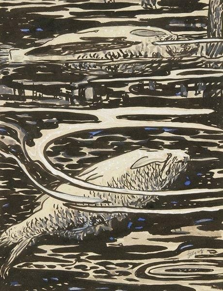 Hélène GUINEPIED (1883-1937)
Deux poissons morts. Encre, gouache et gouache aquarellée. Signée HELGUY en bas à droite. 31 x 24 cm. Commentaire:. Cette oeuvre figurera au catalogue raisonné de l?artiste actuellement en préparation par Sophie B.-R. Mouchet, auteure de la biographie «Hélène Guinepied, artiste peintre 1883-1937» parue en 2011.