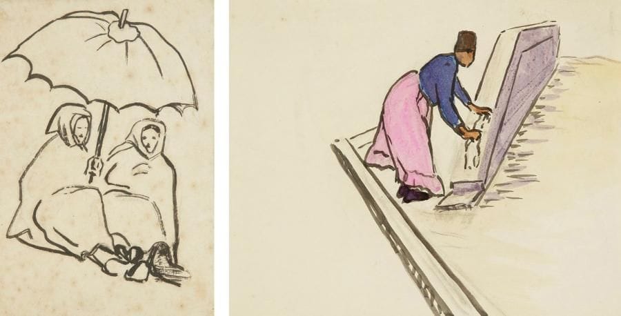 Hélène GUINEPIED (1883-1937)
Parapluies. Encre. 2,5 x 16 cm. Commentaire:. Cette oeuvre figurera au catalogue raisonné de l?artiste actuellement en préparation par Sophie B.-R. Mouchet, auteure de la biographie «Hélène Guinepied, artiste peintre 1883-1937» parue en 2011.