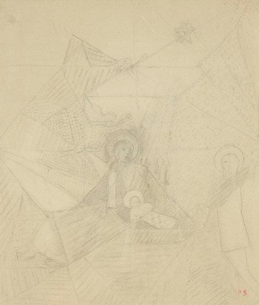 Paul SERUSIER (1864-1927)
Nativité. Dessin au fusain et crayon bleu. Monogrammé en bas à droite. (Petites déchirures en marges). 44,5 x 38,5 cm