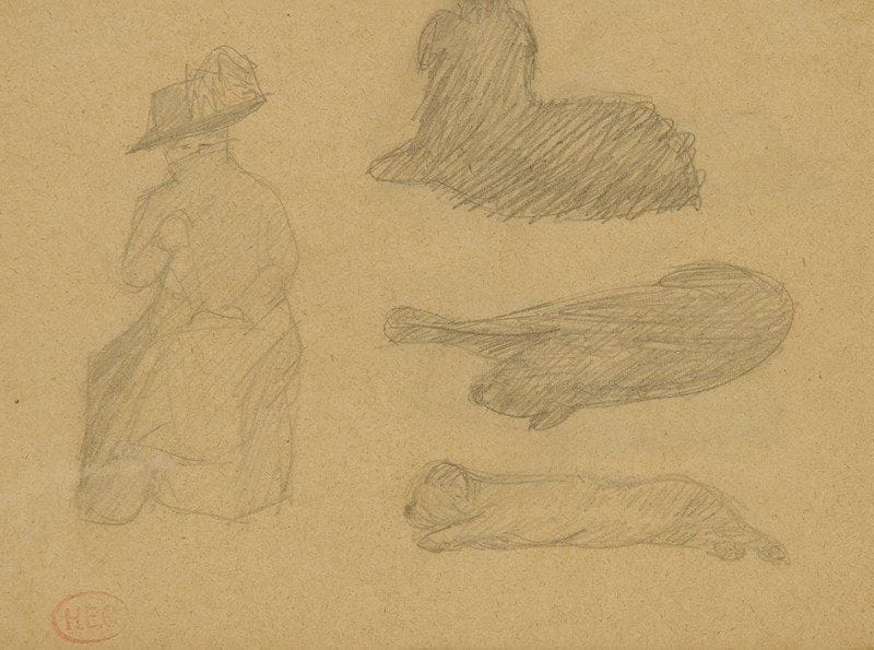 Henri Edmond CROSS (1856-1910)
Étude de femme et chiens. Dessin à la mine de plomb. Porte le cachet de l?atelier en bas à gauche. 12 x 15,5 cm