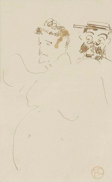 Henri de TOULOUSE-LAUTREC (1864-1901)
Maurice Guibert au canotier et une femme. Dessins à l?encre. Porte le cachet rouge du monogramme (Lugt 1338) en bas à droite. (Petite déchirure et légères traces de plis horizontaux). 18 x 11,2 cm. Provenance:.  - Collection de MM. Maurice Guibert et Galanti..  - Collection particulière, Paris. Bibliographie: Maurice Joyant, Henri de Toulouse Lautrec 1864-1901, Tome II, 1926, page 215.