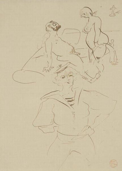 Henri de TOULOUSE-LAUTREC (1864-1901)
Maurice Guibert et deux femmes. Dessin à l?encre. Porte le cachet rouge du monogramme (Lugt 1338) en bas à droite. (Traces de plis). 27 x 21 cm