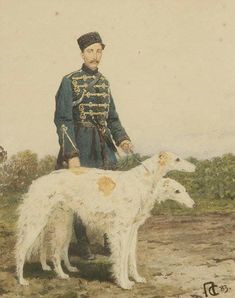 Petr Petrovich SOKOLOV (1821-1899)
Chasseurs et ses chiens, 1883. Aquarelle. Monogrammée et datée en bas à droite. 38 x 30 cm