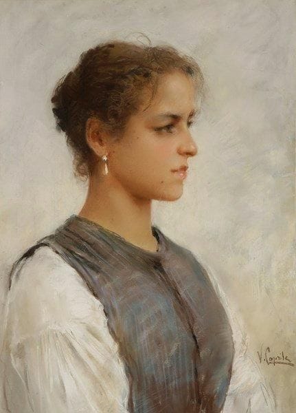 Vincenzo CAPRILE [italien] (1856-1936)
Jeune femme de profil. Pastel. Signé en bas à droite. Porte une étiquette «Exposition de St Germain, n° 69». 58 x 43 cm. Provenance: Vente Sante Frères et Cie, Pau.