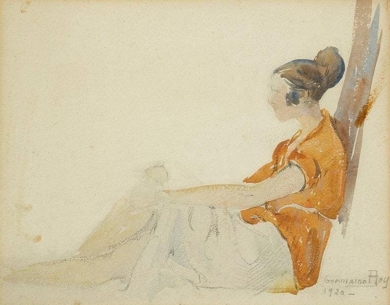 Germaine BOY (1885-1971)
Saviésanne assise, 1920. Dessin à l?aquarelle et crayon. Signé et daté en bas à droite. 20 x 25 cm