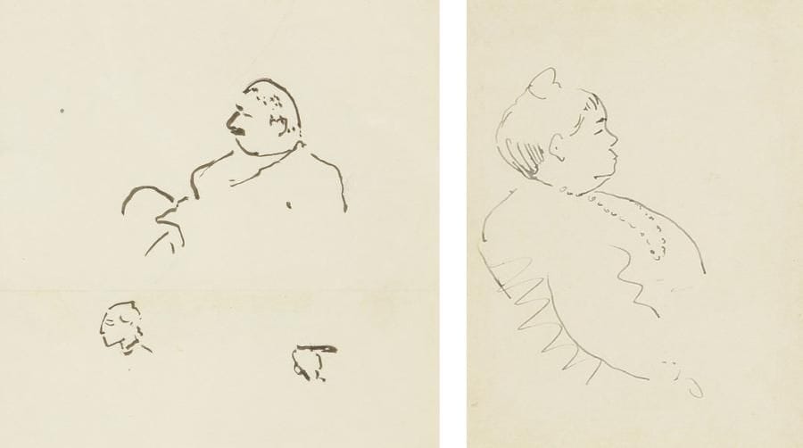 Albert Marquet (1875-1947)
Étude d?homme - Étude de femme. 2 dessins à l?encre dans un même montage. Non signés. 16,5 x 17 cm et 10,5 x 8 cm. Provenance:. Vente de l?atelier Marquet, 17 et 18 octobre 2010, n°890 et 891.