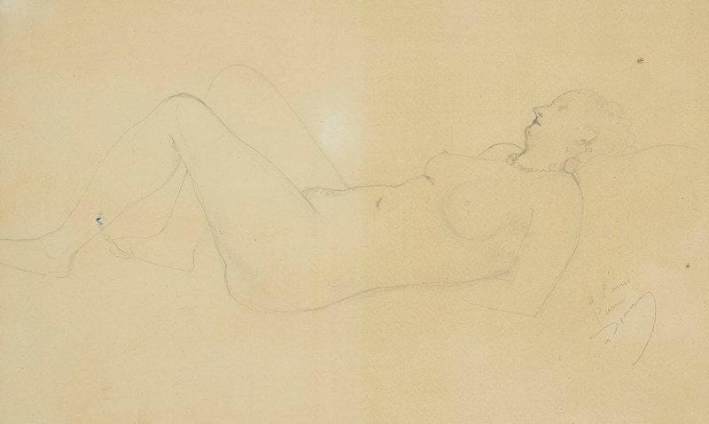 André DERAIN (1880-1954)
Femme nue allongée. Dessin au crayon noir. Signé et dédicacé en bas à droite. 28 x 42 cm. Provenance: Galerie de l?Élysée, Paris.