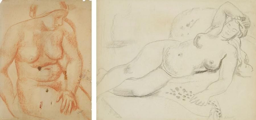 Louis LATAPIE (1891-1972)
Nu allongé, 1924. Dessin au crayon noir et à l?estompe. Signé et daté en bas à droite. (Petites déchirures et plis). On joint: Nu assis, dessin à la sanguine, signé, 62 x 48,5 cm (déchirures). 46 x 62 cm