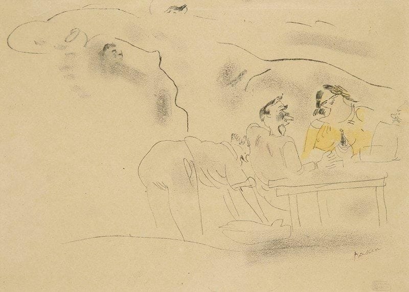 J. PINCAS DIT PASCIN (1885-1930)
Au bistrot, vers 1923. Dessin à l?encre, crayon, estompe et rehauts d?aquarelle. Porte le cachet de la signature et le cachet de l?atelier en bas à droite. 23 x 31,5 cm. Provenance: Galerie Rambert, Paris.
