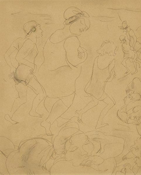J. PINCAS DIT PASCIN (1885-1930)
À la plage. Dessin au papier carbone. Porte le cachet de la signature en bas gauche. 25,5 x 21,5 cm