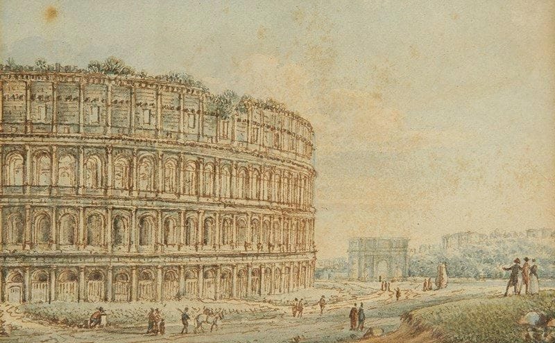Victor Jean NICOLLE. (Paris 1754-1826)
Vue du Colisée. Plume et encre brune et grise, aquarelle. 6,5 x 10,5 cm. Cadre ancien.