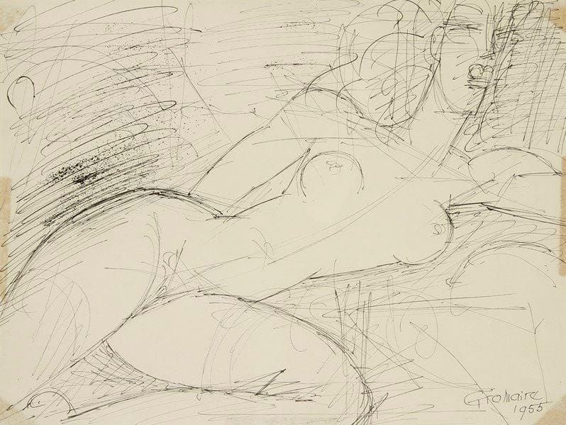 Marcel GROMAIRE (1892-1971)
Femme nue allongée, 1955. Dessin à l?encre. Signé et daté en bas à droite. (Traces de scotch). 25 x 32,5 cm. Provenance: Collection Pierre Dubreuil.