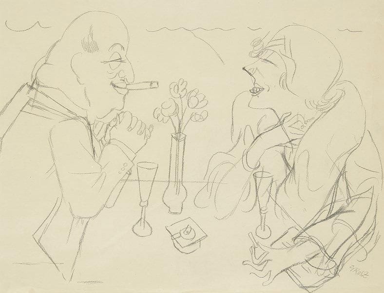 George GROSZ [allemand] (1893-1959)
Couple dans un bar, 1928. Dessin au crayon noir. Signé en bas à droite. (Plis sur le bord gauche). 46 x 60,5 cm