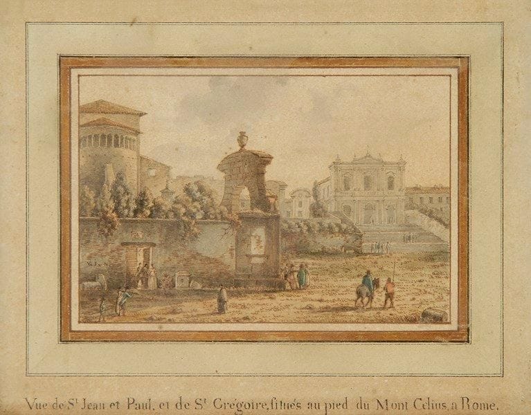 Victor Jean NICOLLE. (Paris 1754-1826)
Vue de Saint Jean et Paul et Saint Grégoire au pied du Mont Celius à Rome. Plume et encre brune et grise, aquarelle. Titrée en bas à la plume.. 5,5 x 8,5 cm. Cadre ancien.