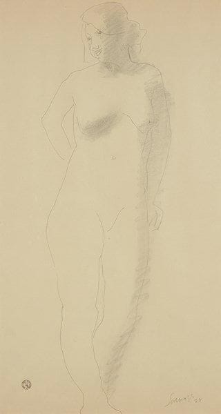 Léopold SURVAGE [franco-russe] (1879-1968)
Nu debout, 1928. Dessin à la mine de plomb. Signé et daté en bas à droite. Porte le cachet de la vente de l?atelier. 44 x 24 cm