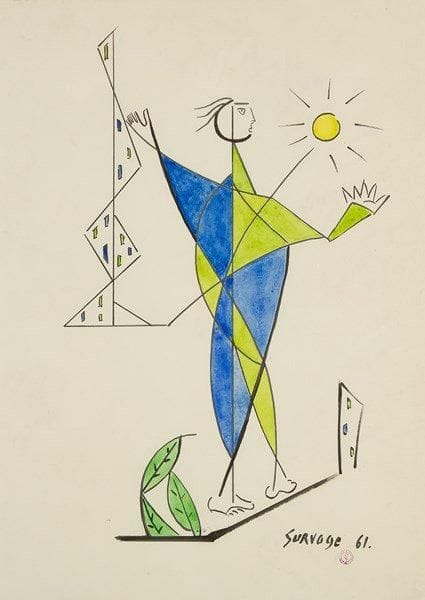 Léopold SURVAGE [franco-russe] (1879-1968)
Personnage dans la ville, 1961. Dessin à l?encre et aquarelle. Signé et daté en bas à droite. Porte le cachet de la vente de l?atelier. 45 x 32 cm