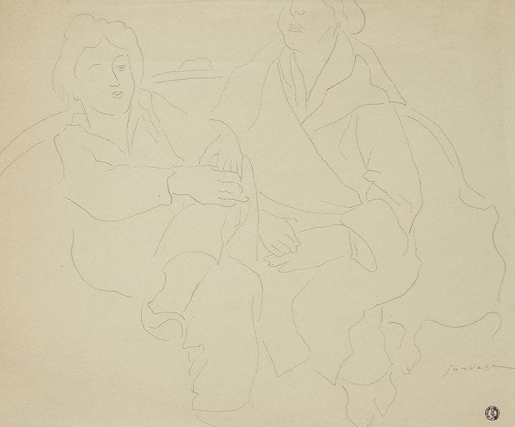 Léopold SURVAGE [franco-russe] (1879-1968)
Deux amies. Dessin à la mine de plomb. Signé en bas à droite. Porte le cachet de la vente de l?atelier. (Petites déchirures et plis). 30 x 36 cm
