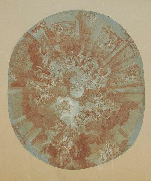 Attribué à COLOMBA. (Actif en Italie au XVIIIe siècle)
Projet de décor de plafond pour une coupole. Sanguine et rehauts de blanc sur papier bleu. 65 x 55,5 cm, ovale.