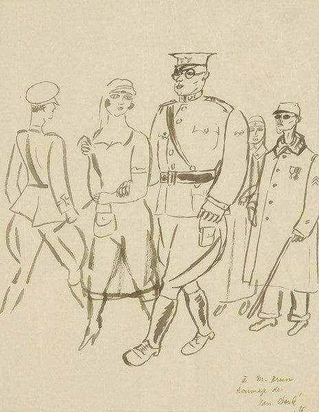 Jean OBERLé (1900-1961)
Militaires, 1926. Dessin à l?encre. Signé, daté et dédicacé en bas à droite. (Plis). 26 x 20 cm