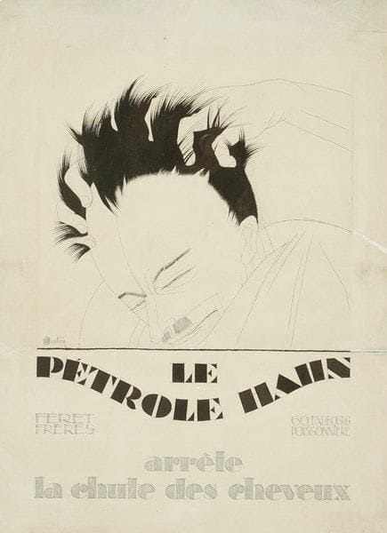 Charles MARTIN (1848-1934)
Le Pétrole Hahn arrête la chute des cheveux. Dessin à l?encre et rehauts de gouache. Signé en bas vers la gauche. Projet d?affiche pour Féret Frères 60, Faubourg Poissonnière. (Plis et petites restaurations). 64 x 47,5 cm
