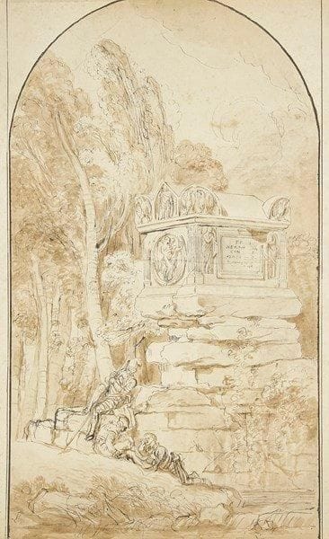 Attribué à Augustin PAJOU (1730-1809)
Soldats en armure se reposant près d?une tombe antique. Plume et encre noire, lavis brun. 55 x 31,5 cm, cintrée.
