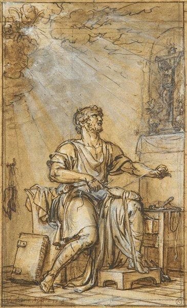 Jean Jacques François LE BARBIER dit l?AÎNÉ (Rouen 1738-Paris 1826)
Saint Crespin. Plume et encre noire, lavis gris et rehauts de blanc sur papier beige. Signée, située et datée en bas à gauche Le Barbier Rome 1819. Porte en bas à droite le cachet d?une collection non identifiée (Lugt n° 3082).. 25 x 15,5 cm. Saints patrons des cordonniers et des tanneurs, Crespin et son frère Crespinien furent martyrisés au IIIe siècle. Romains, ils étaient venus s?établir à Soissons comme cordonniers (ou dans le Kent selon la tradition anglaise), se faisant une réputation comme honnêtes artisans, distribuant des chaussures aux pauvres. Dénoncés comme chrétiens, ils furent conduits devant l?empereur Maximien. Refusant d?abjurer leur foi, ils furent condamnés à différents supplices auxquels ils résistèrent, avant d?être décapités. Leur tombe se trouve en l?église San Lorenzo in Panisperna de Rome.