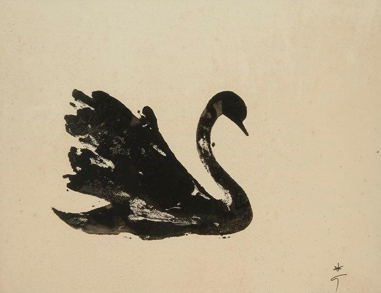 René GRUAU (1909-2004)
Le Cygne. Dessin à l?encre. Signé en bas à droite. (Taches). 49 x 63 cm