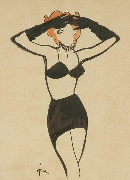 René GRUAU (1909-2004)
La Gaine Scandale, 1949. Dessin à l?encre et aquarelle. Signé en bas à gauche. 38 x 28,5 cm