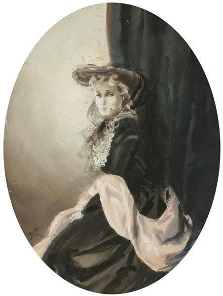 René GRUAU (1909-2004)
Départ pour l?Opéra, 1940. Gouache ovale. Signée en bas à gauche. 38 x 28,5 cm