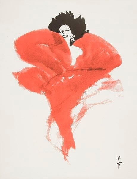 René GRUAU (1909-2004)
Femme à la robe rouge. Lithographie. Signée dans la planche. 66 x 50,5 cm