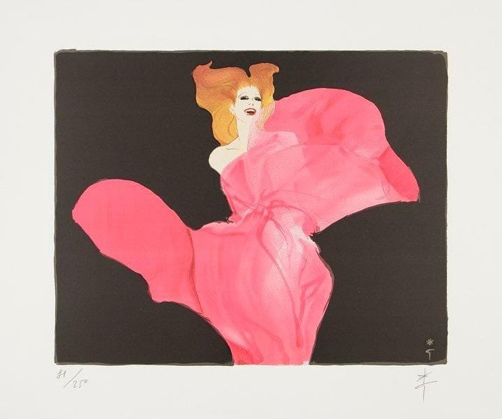 René GRUAU (1909-2004)
Femme à la robe rose. Lithographie. Signée et numérotée sur 250. Mourlot imp., Paris. 49,5 x 59 cm