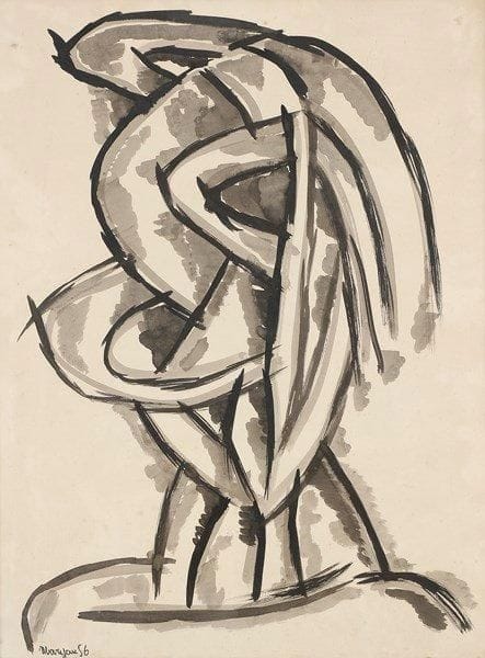 Pinchas Burstein dit Mary MARYAN. (1927-1977)
Personnage abstrait, 1956. Encre et lavis d?encre. Signée et datée 56 en bas à gauche. 65 x 50 cm